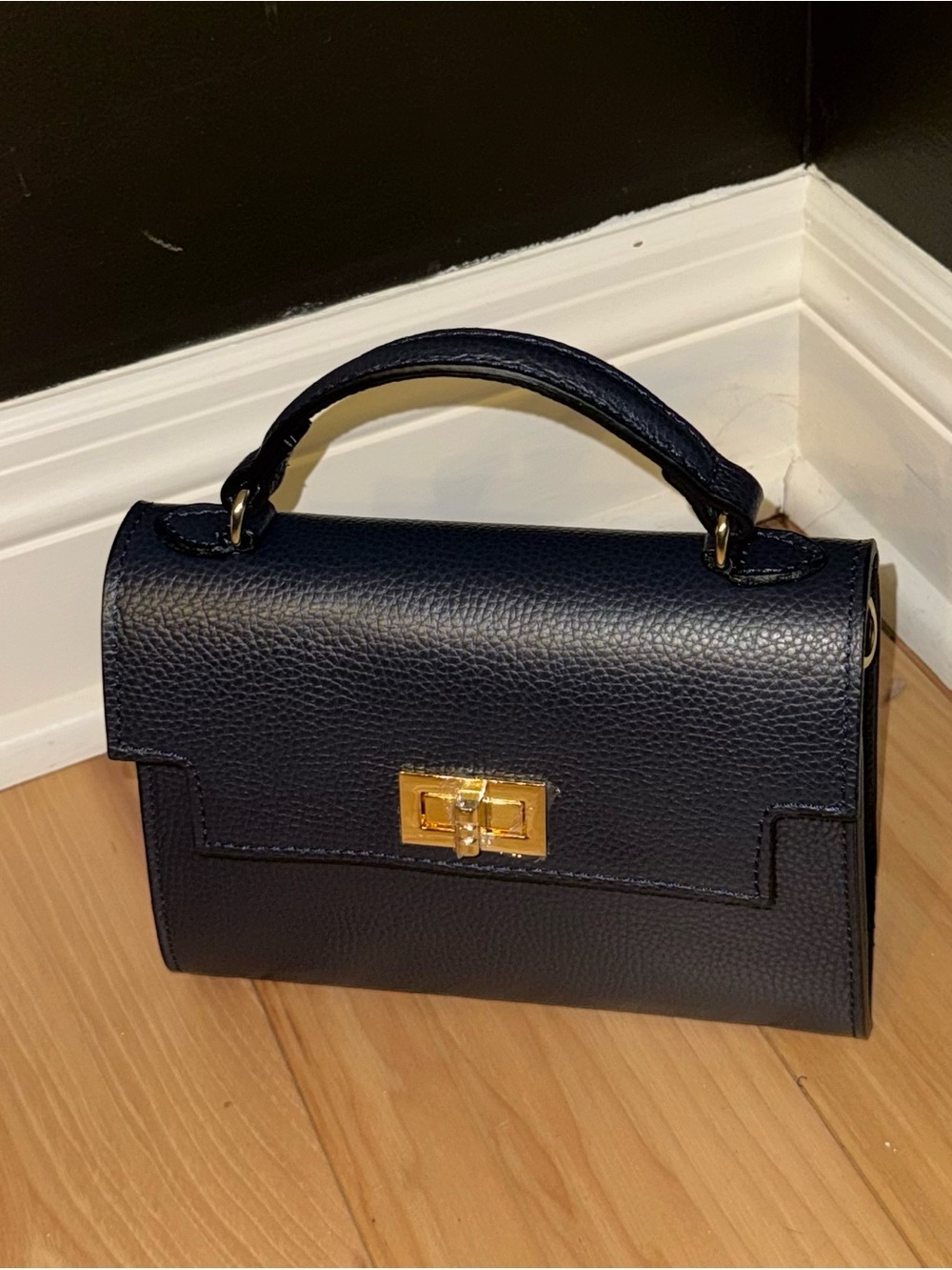 Brand New Dark Navy Top-Handle Italian Leather Satchel with Gold Hardware
